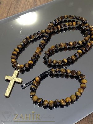  Комплект колие от натурален камък тигрово око 8 мм и висулка кръст от стомана - 5 см и регулируема гривна - MK1526